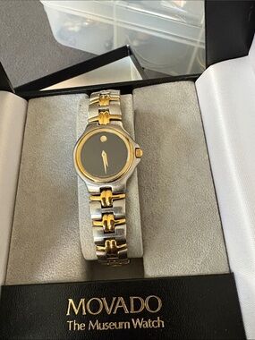 Movado Two-Tone Black Dial Watch with Gold Accents